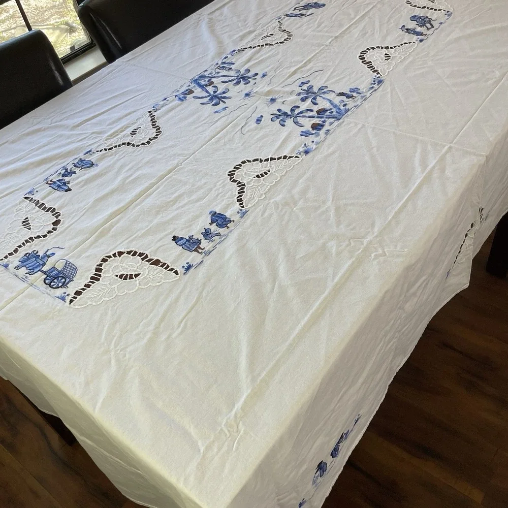 Vintage MCM Polynesian Embroidered Tablecloth Large Rectangular 63x92 Blue White